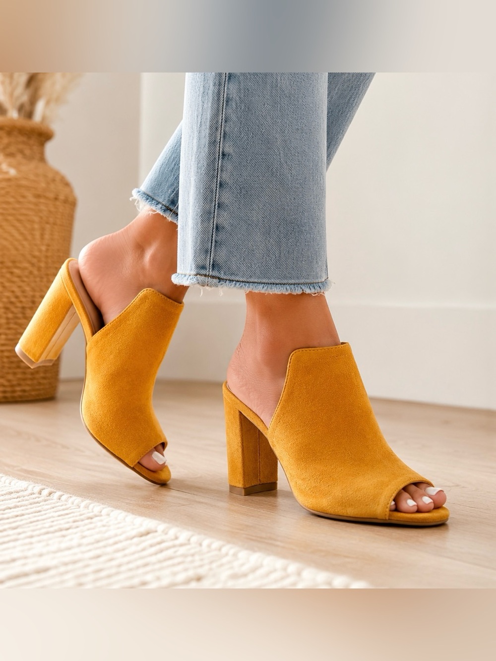 Bamboo Mustard Yellow Faux Suede Peep Toe Block Heel Mules Size 8